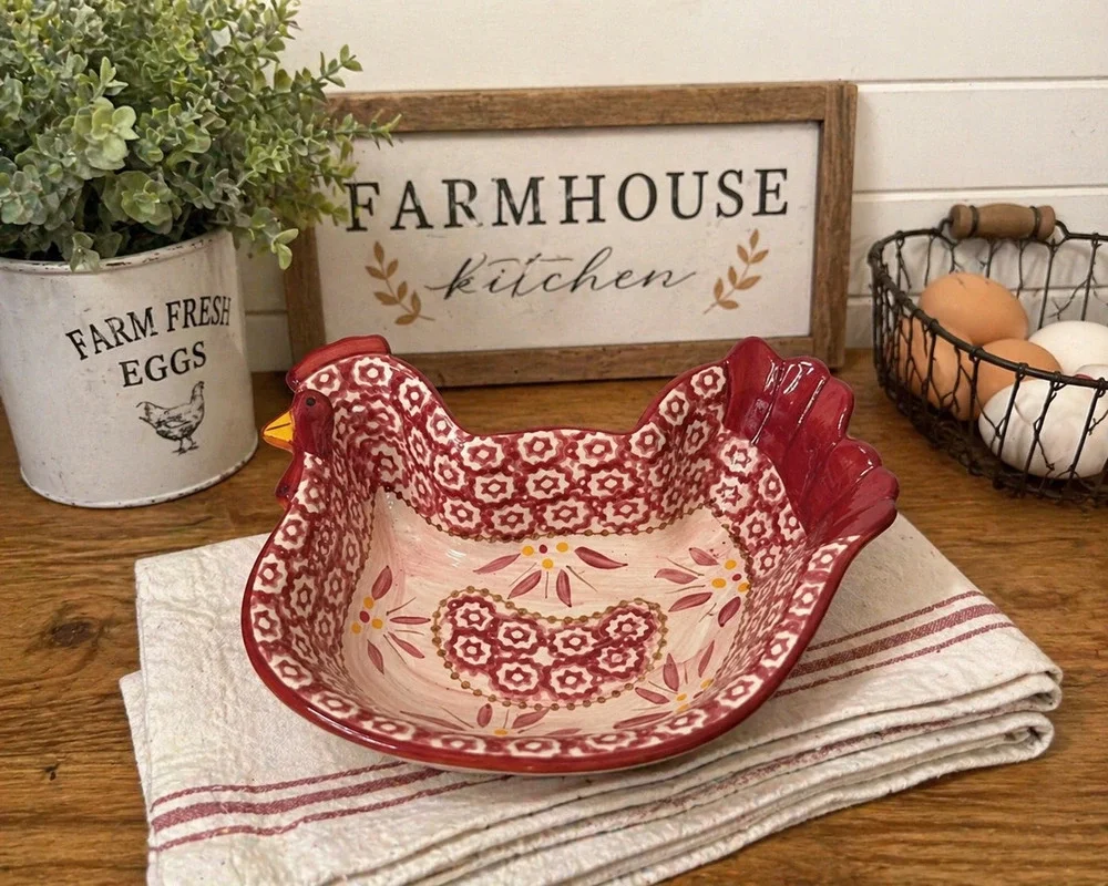 Temp-tations Old World Red Chicken Hen Bowl Stoneware Ovenware Farmhouse 0.5 Qt